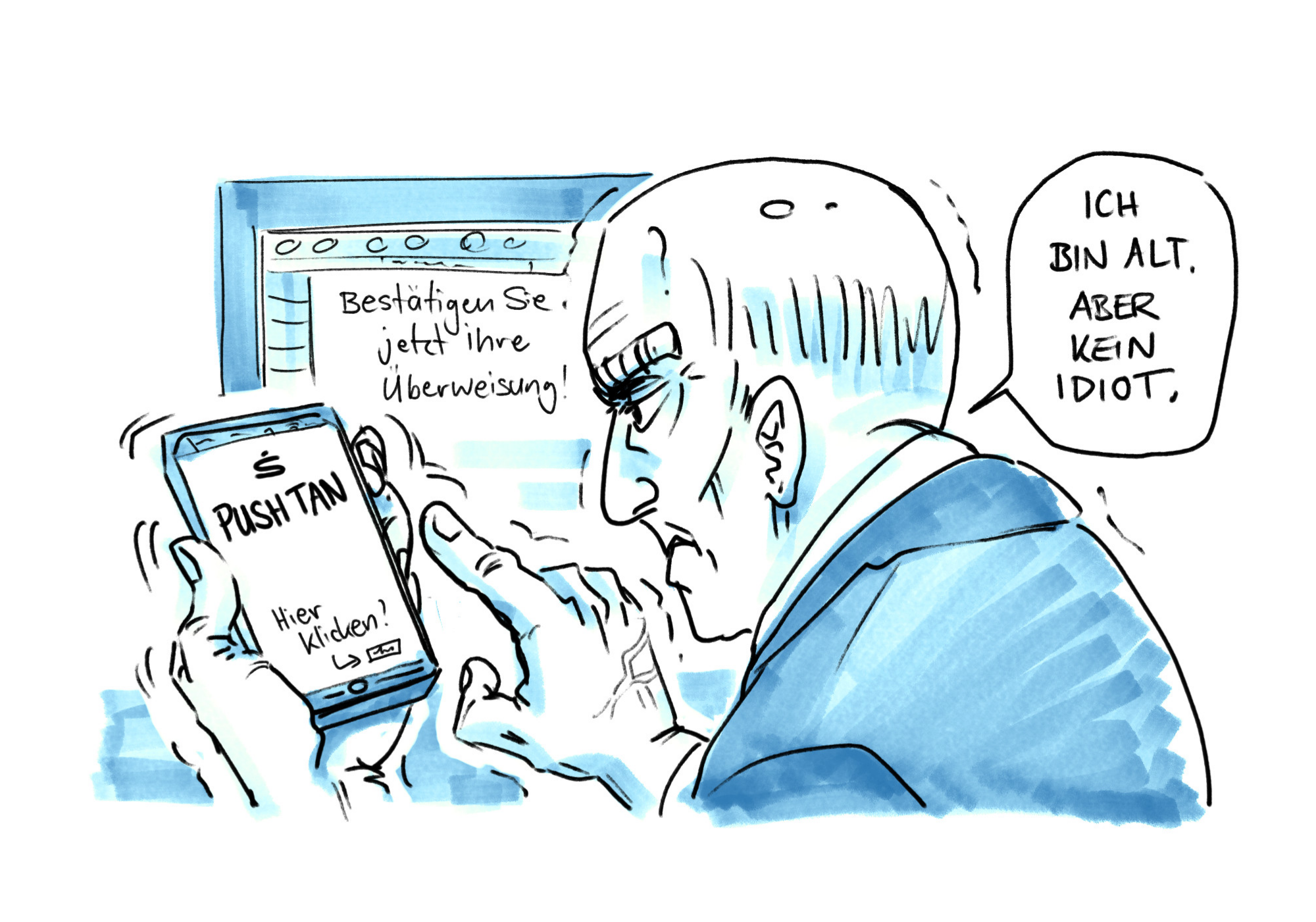 Illustration einer Person, die versucht, einen eine TAN-Nummer auf einem Smartphone einzugeben.