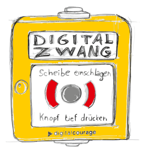 Illustration eines Feuermelders, auf dem aber „Digitalzwang“ steht.
