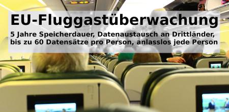 Ein Flugzeug von innen mit Passagieren. Darüber der Text in einem Kasten: „EU_Fluggastüberwachung. 5 Jahre Speicherdauer, Datenaustausch an Drittländer, bis zu 60 Datensätze pro Person, anlasslos jede Person“.