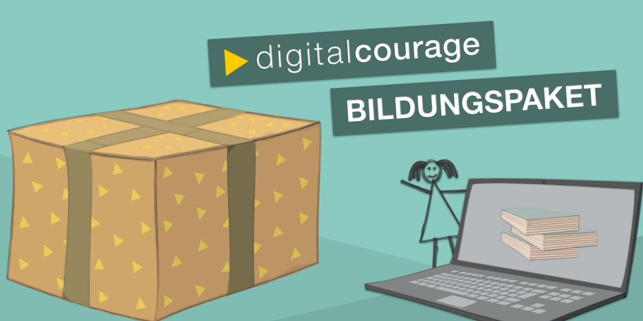 Neben einem Paket steht ein Laptop der Bücher anzeigt und ein gemaltes Mädchen winkt. Darüber steht "Digitalcourage-Bildungspaket".